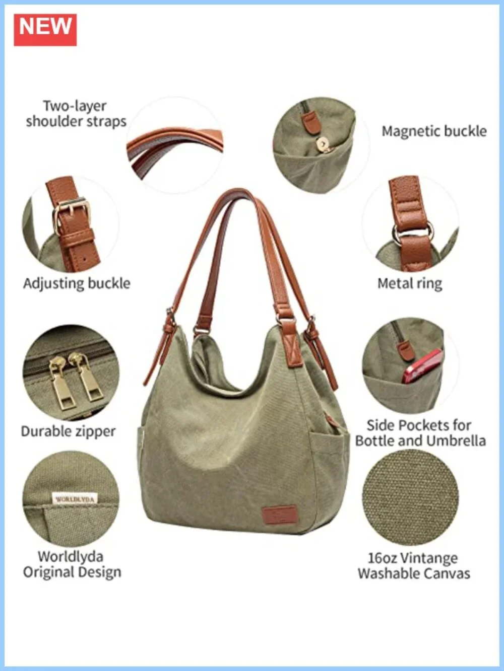 Canvas Hobo Purse Multi Pocket Tote Shopper Shoulder Bag Top Handle Handbag